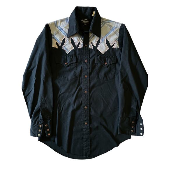 VTG Champion Westerns Navy Blue Tartan Plaid Shoulders M Pearl Snap Button Up - Picture 1 of 7